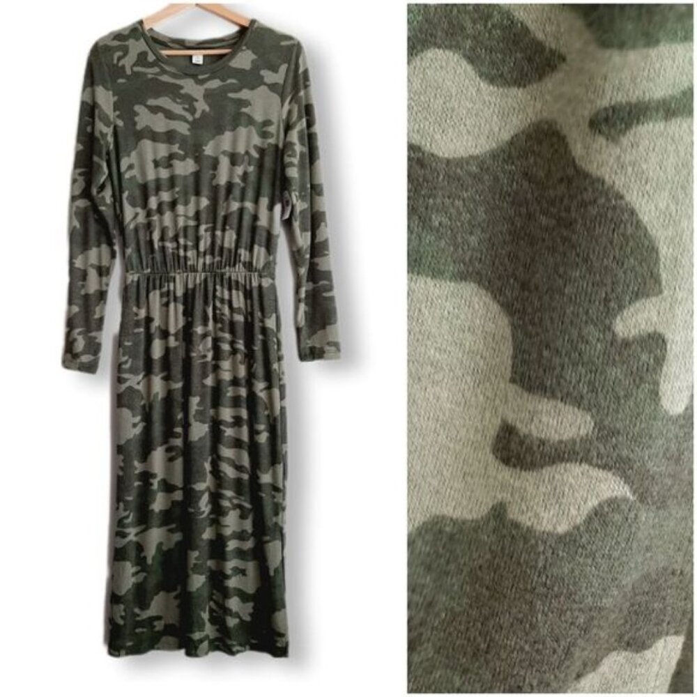 OLD NAVY | Waist-Defined Long-Sleeve Midi T-Shirt Dress Green Camo Sz S